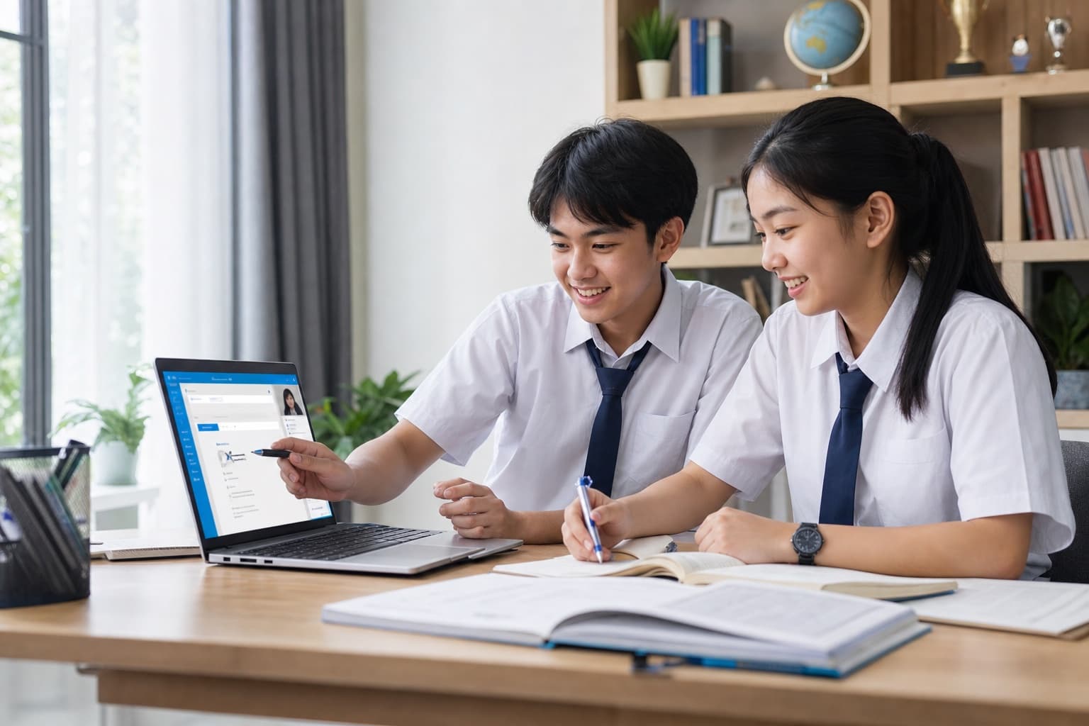 Two Asian secondary school students learning together with an online tutoring dashboard